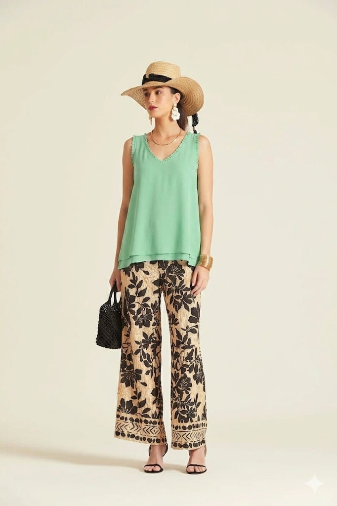 El Top Pione es una prenda elegante y ligera perfecta para crear looks frescos y sofisticados. Su color verde menta aporta luminosidad y un toque delicado que resulta ideal para esta temporada. Además, su diseño cómodo y fluido permite adaptarlo fácilmente a diferentes estilos y ocasiones.